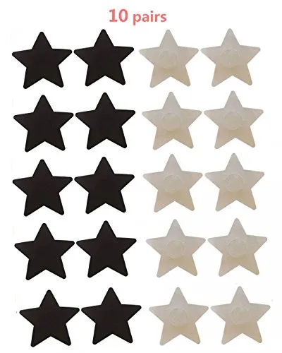 10 Pairs Womens Sexy Pasties Disposable Pasty Set Stain Nipple Cover Multi Design, 5 pairs black & 5 pairs beige star shape, One Size