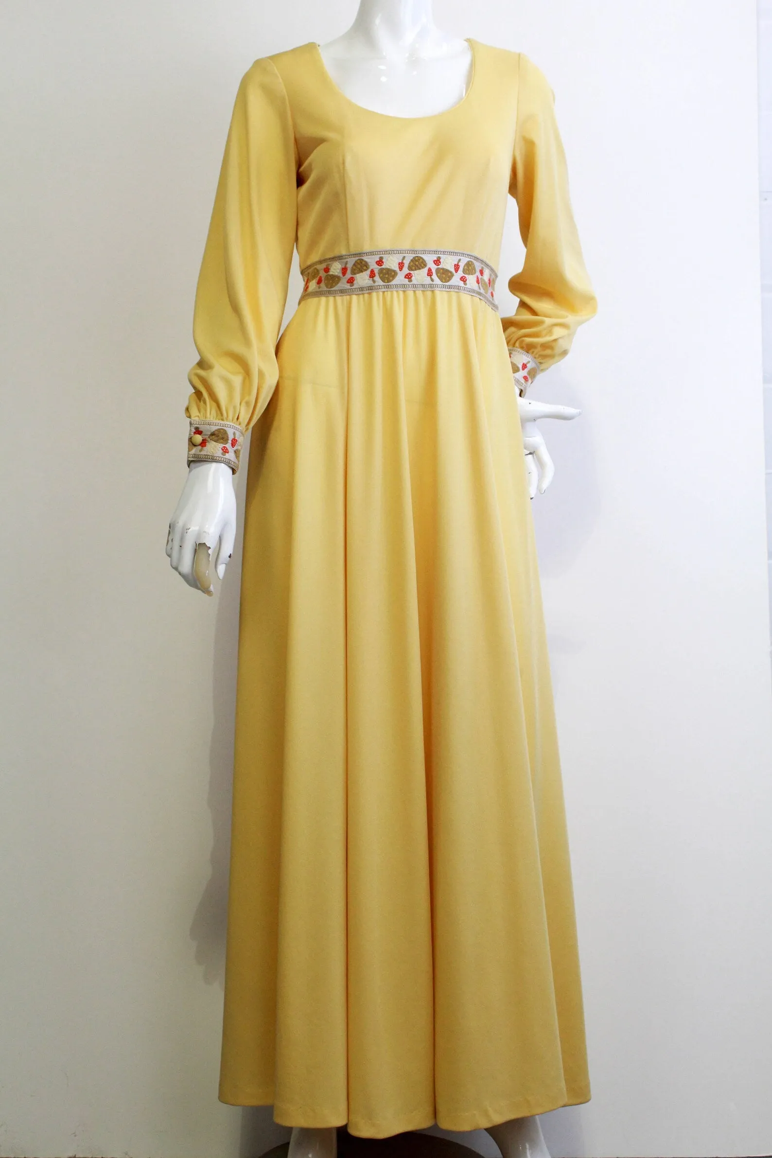 1970s Yellow Mushroom Trim Maxi Dress, Small