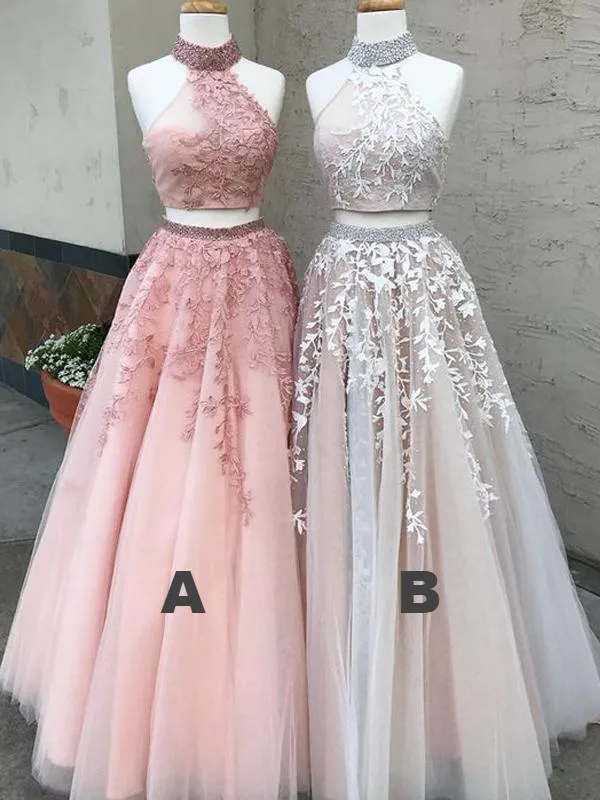 2-Pieces High Neck Lace Tulle Long Prom Dresses