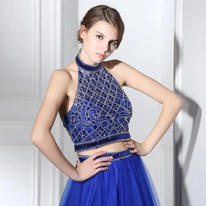 2 Pieces Royal Blue Long Prom Dresses Beaded A-Line Evening Dresses Halter Backless Formal Dresses,LX396