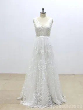 2018 Simple V Neck Lace Cheap A-line Wedding Dresses Online, WD371