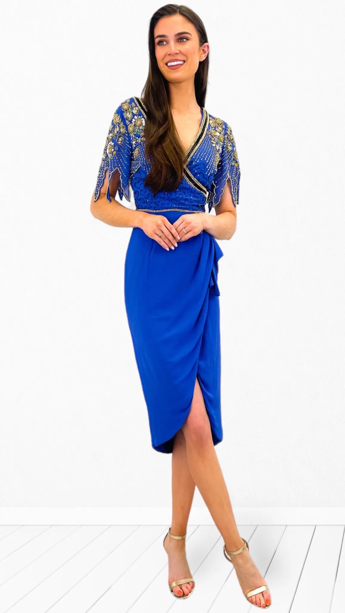 Elegant Royal Embellished Wrap Skirt Dress for Sophisticated Occasions