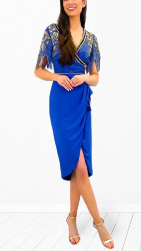 Elegant Royal Embellished Wrap Skirt Dress for Sophisticated Occasions