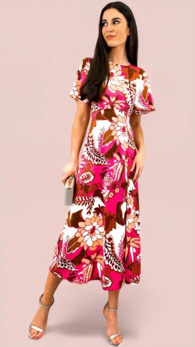 4-A1485 Britney Pink Floral Angel Sleeve Midi Dress