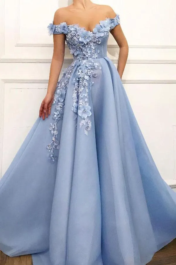 A Line Blue Off the Shoulder Tulle Lace Sweetheart 3D Flowers Prom Dresses,Formal Dress,BS016