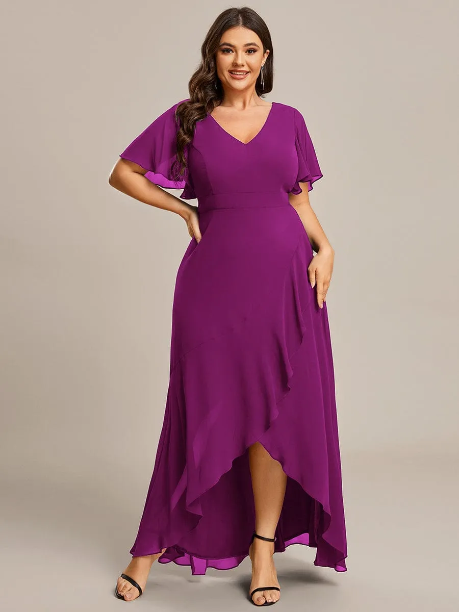 A-Line Chiffon Bridesmaid Dress with High-Low Ruffles in V-Neck Style