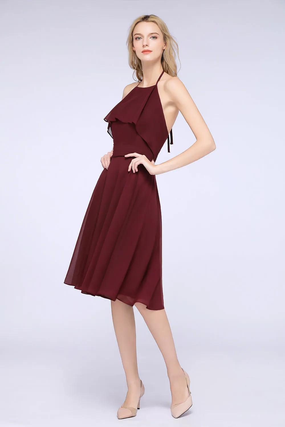 A-Line Chiffon Halter Sleeveless Short Bridesmaid Dress with Ruffles