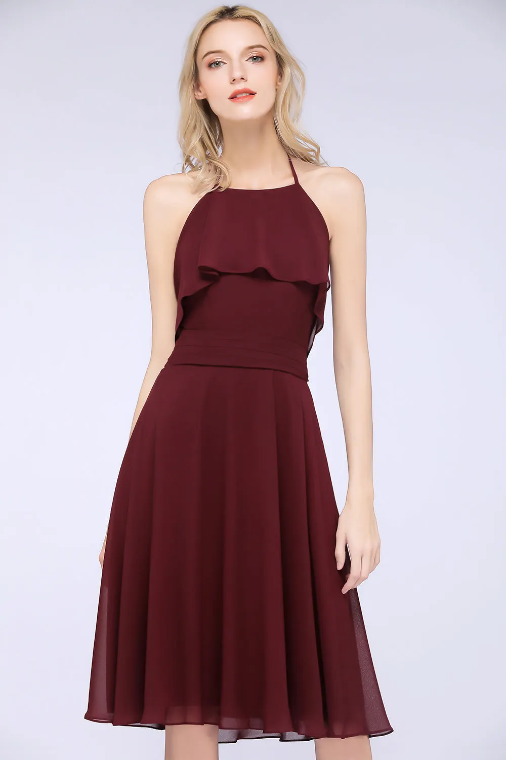 A-Line Chiffon Halter Sleeveless Short Bridesmaid Dress with Ruffles