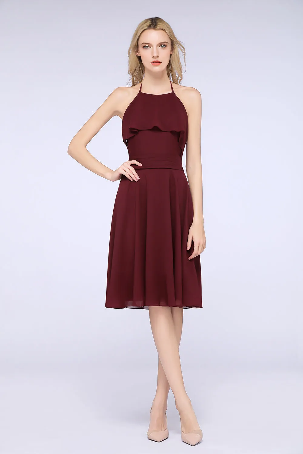 A-Line Chiffon Halter Sleeveless Short Bridesmaid Dress with Ruffles