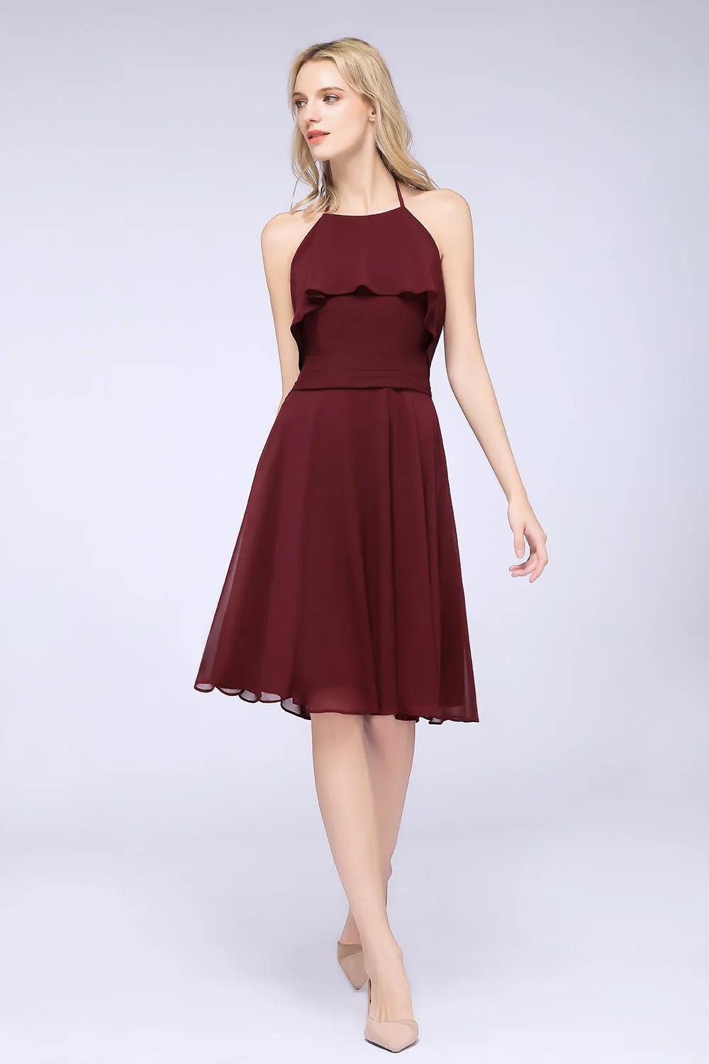 A-Line Chiffon Halter Sleeveless Short Bridesmaid Dress with Ruffles