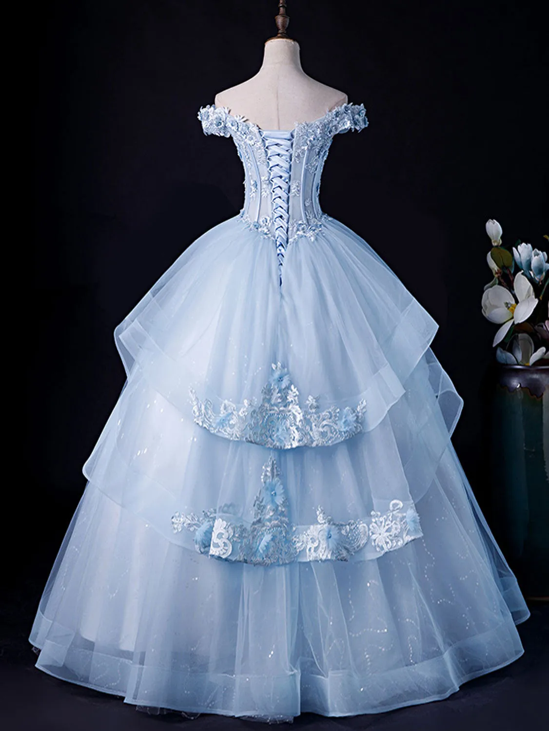 A-Line Off Shoulder Lace Tulle Blue Long Prom Dress, Blue Sweet 16 Dress