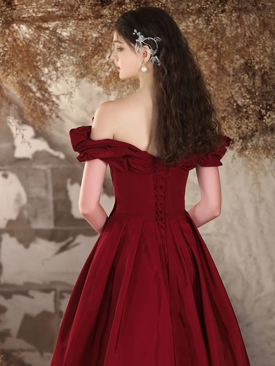 A-Line  Off Shoulder Satin Burgundy Long Prom Dress, Burgundy Long Formal Dress