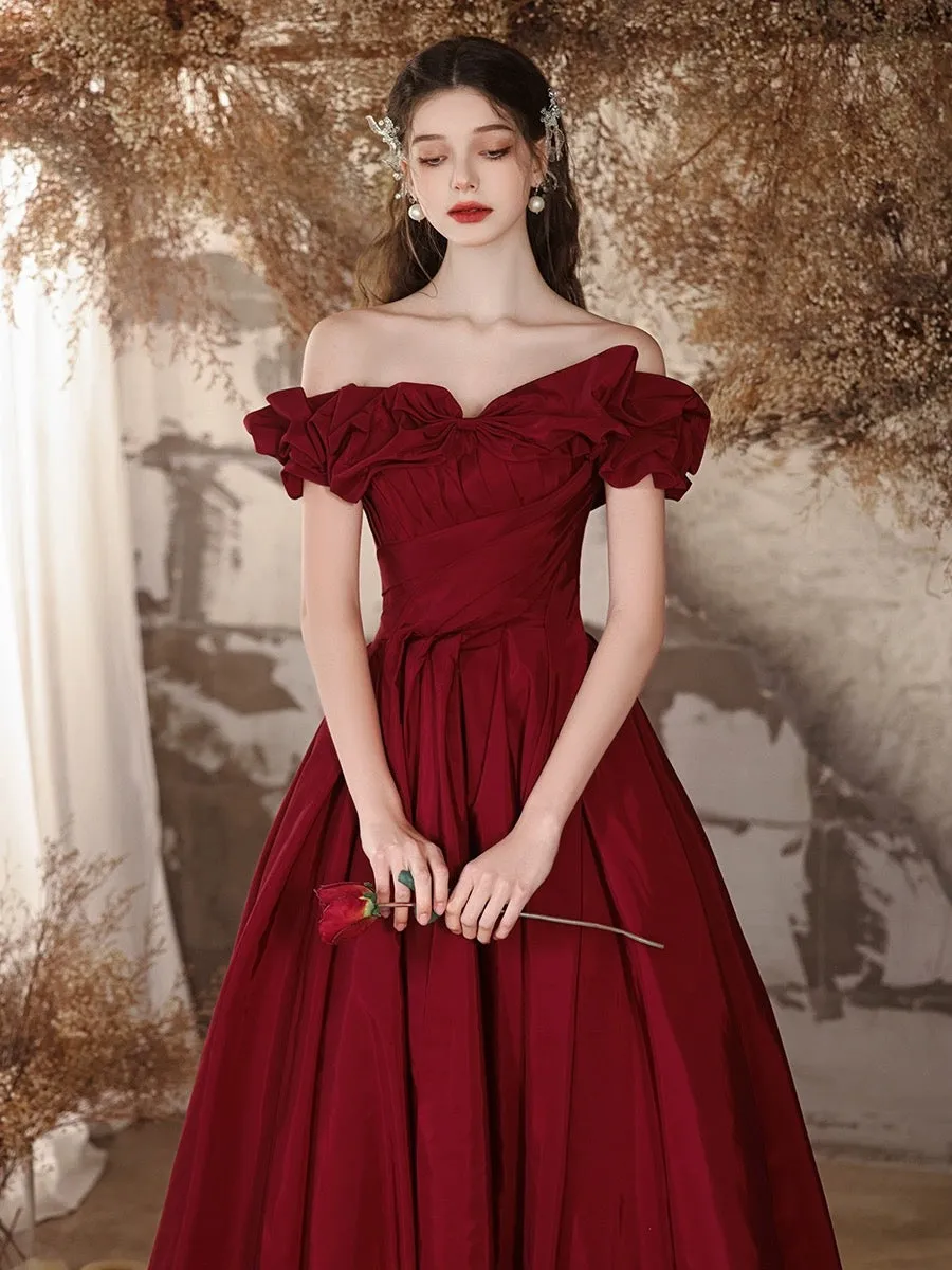 A-Line  Off Shoulder Satin Burgundy Long Prom Dress, Burgundy Long Formal Dress