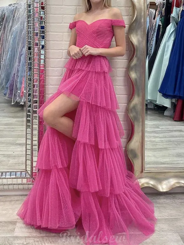 A-line Off the Shoulder Tulle Elegant Party Long Prom Dresses, Evening Dress PD410