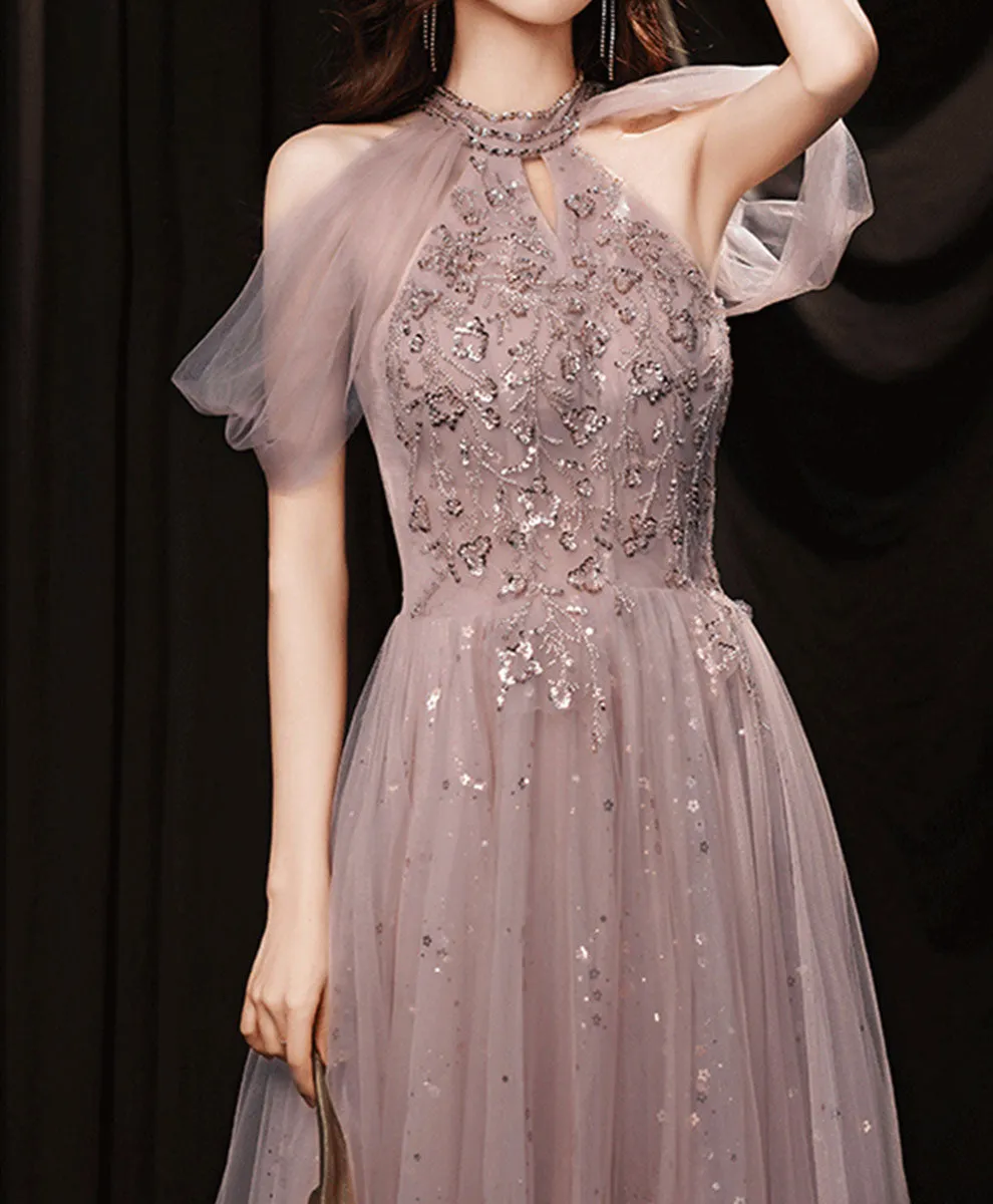 A line Pink Tulle Lace Sequin Long Prom Dress, Pink Formal Graduation Dresses