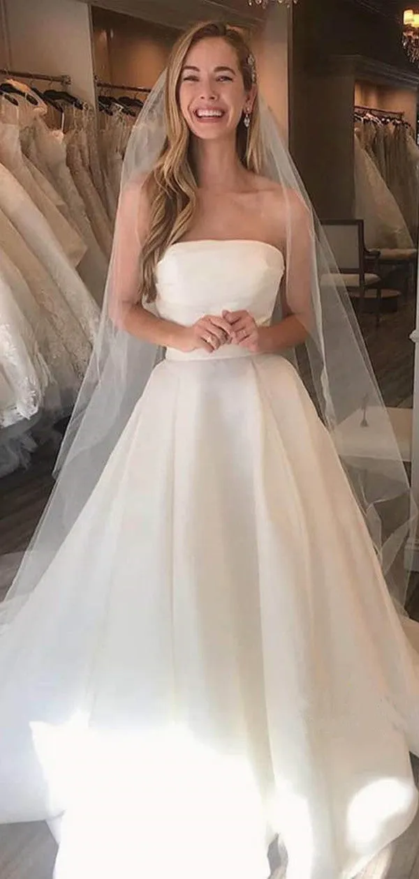 A-line Popular 2020 Wedding Dresses, Simple Strapless Long Wedding Dresses