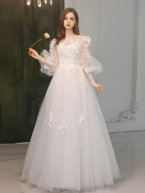 A-Line Round Neck White Tulle Lace Long Prom Dress, White Formal Dress