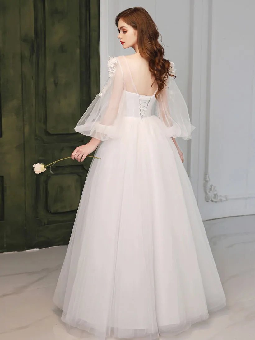 A-Line Round Neck White Tulle Lace Long Prom Dress, White Formal Dress