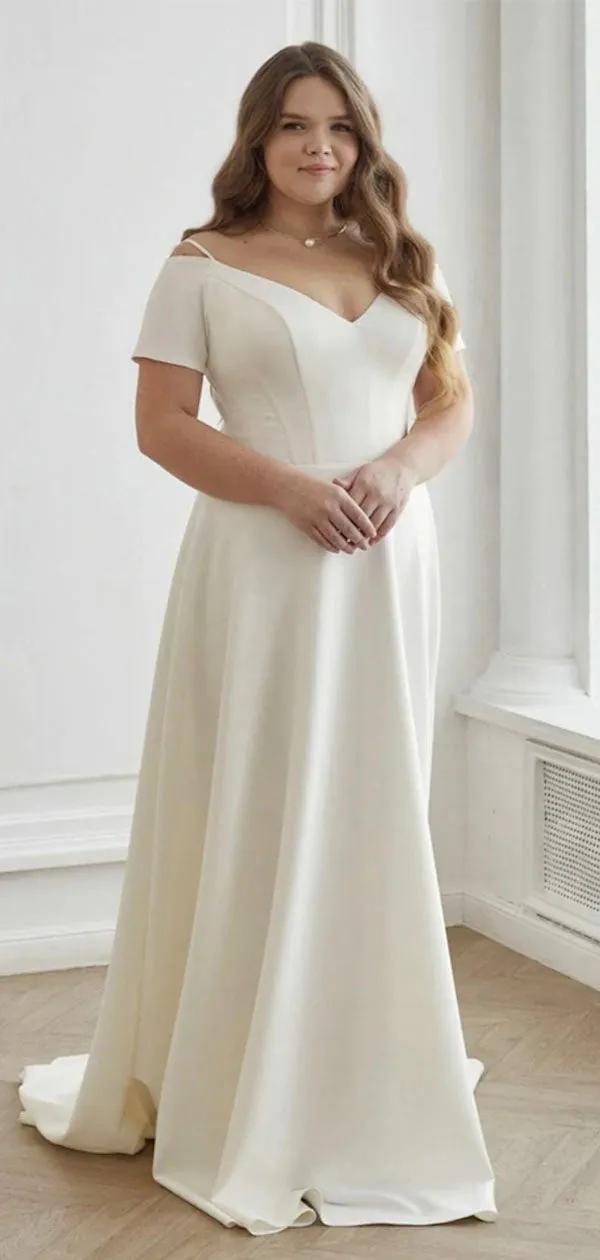 A-line Satin Simple Elegant Plus Size Long Wedding Dresses, Bridal Gown WD167