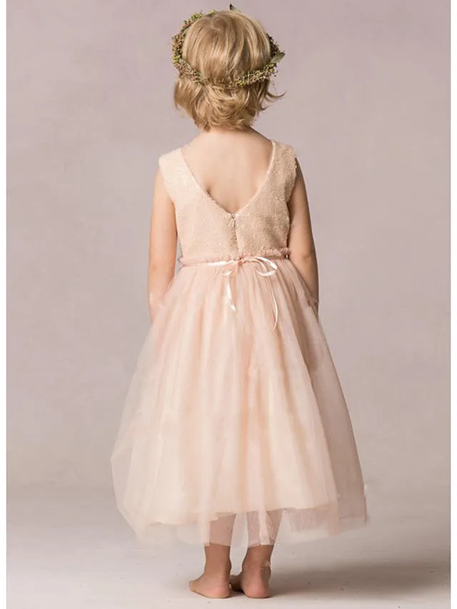 A-Line Sequined Sleeveless Jewel Neck Wedding Party Flower Girl Dresses