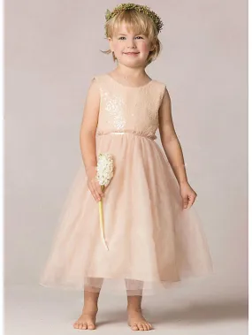 A-Line Sequined Sleeveless Jewel Neck Wedding Party Flower Girl Dresses