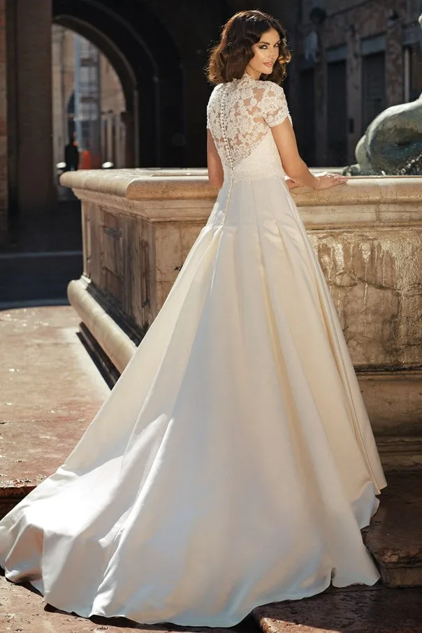 A-Line Short-Sleeve V-Neck Floor-Length Satin&Lace Wedding Dress-MK_705427