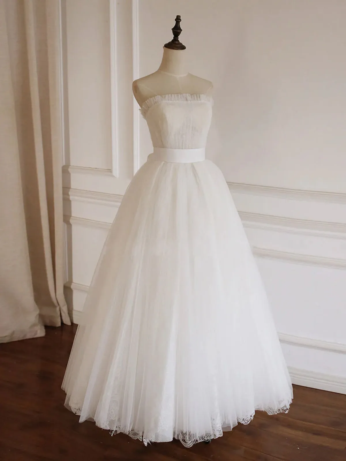 A Line Strapless White Tulle Long Prom Dresses, Long White Formal Graduation Evening Dresses SP2791