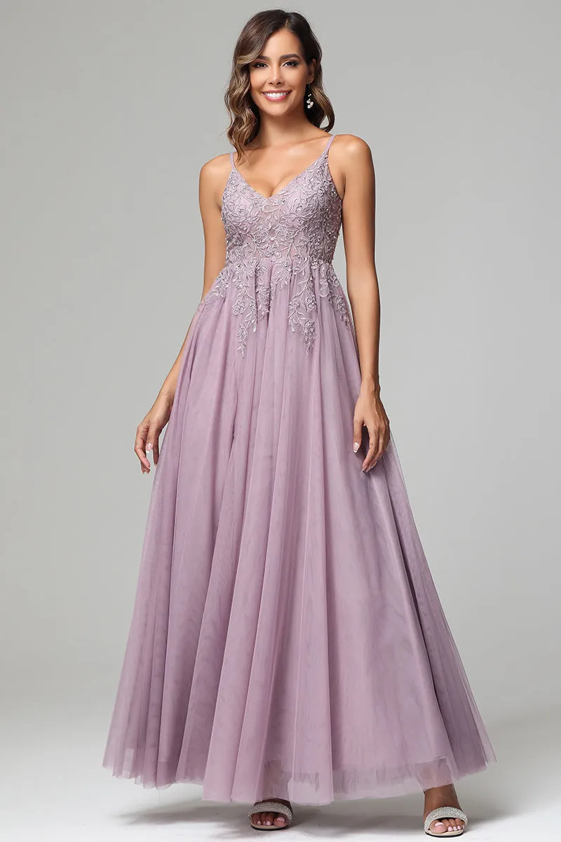 A-line Straps Lace Appliques V-back Tulle Prom Dress