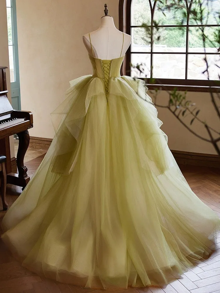 A-Line Sweetheart Neck Tulle Green Long Prom Dress, Green Long Formal Dress