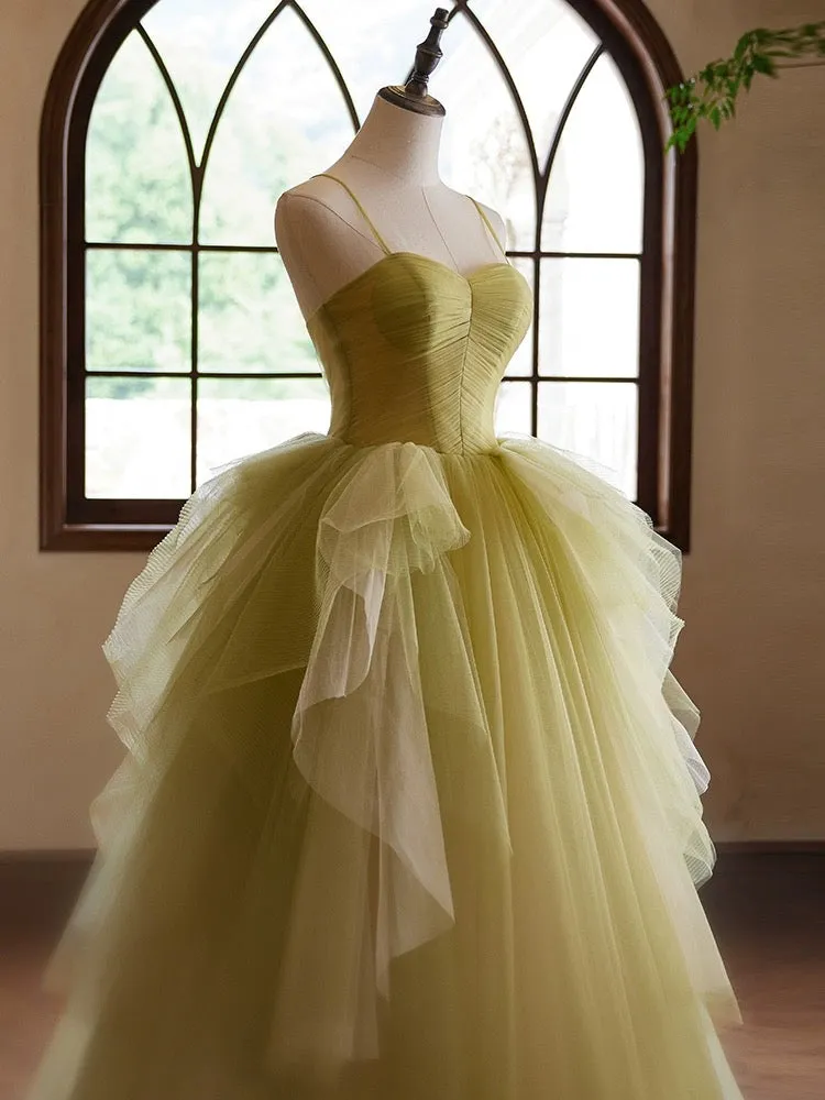 A-Line Sweetheart Neck Tulle Green Long Prom Dress, Green Long Formal Dress