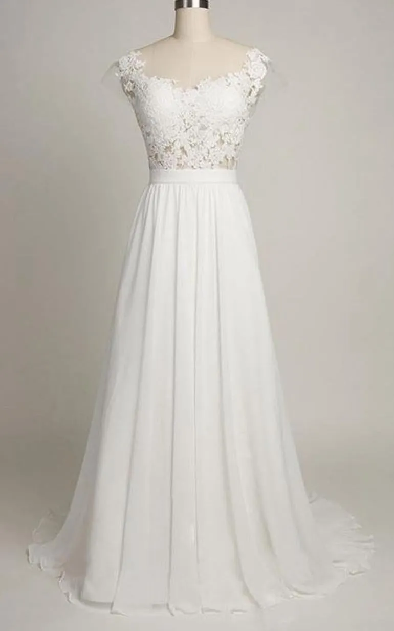 A-Line Tea-Length Sweetheart Cap Sweep Train Backless Chiffon Lace Dress-714046