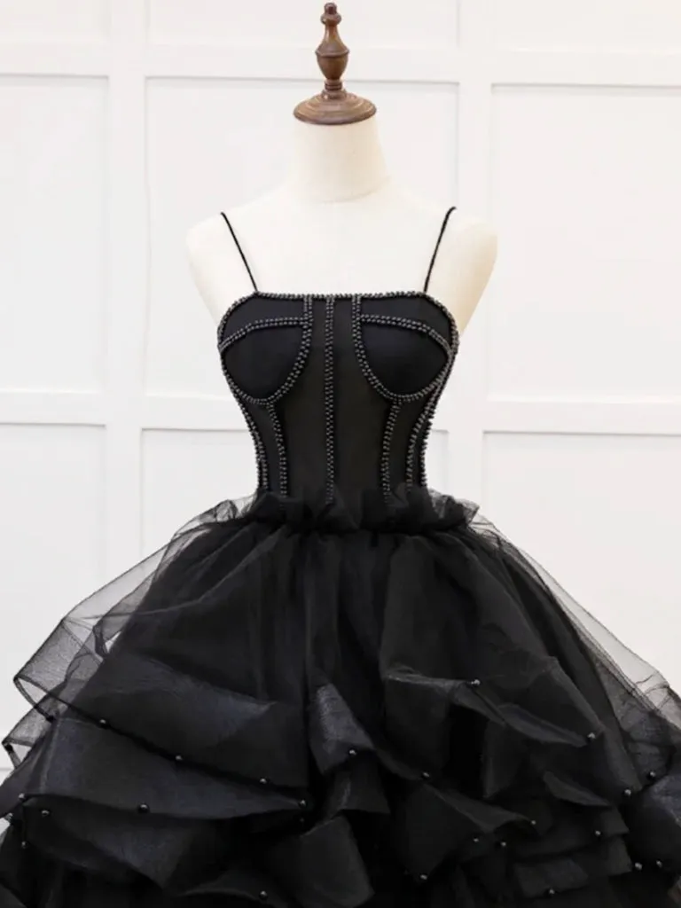 A-Line Tulle Beads Black Long Prom Dress, Black Sweet 16 Dress