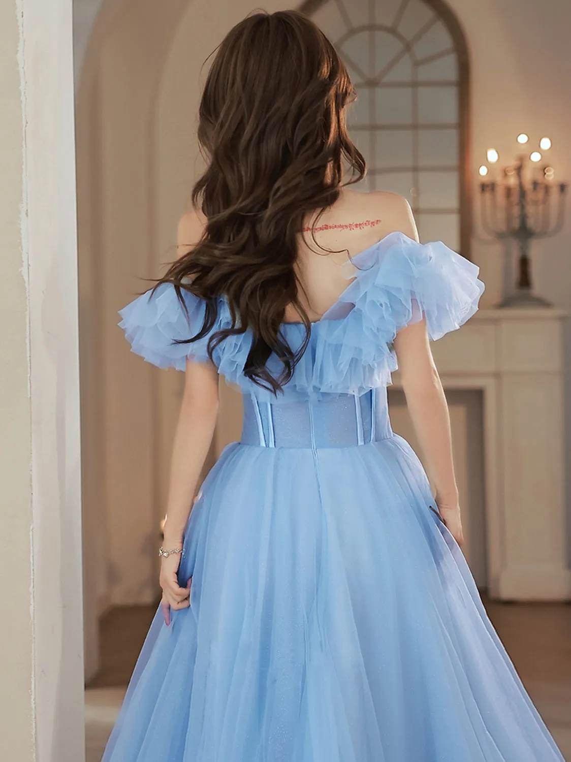 A-Line Tulle Lace Blue Long Prom Dress, Blue Formal Dresses