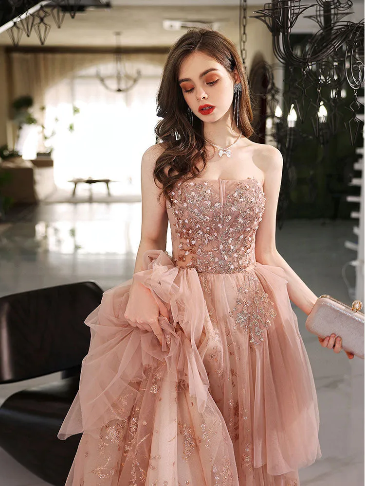 A line tulle lace long pink prom dress lace pink evening dress