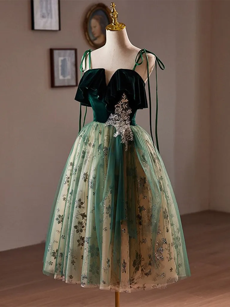 A-Line Tulle Sequin Velvet Green Short Prom Dress, Green Homecoming Dress