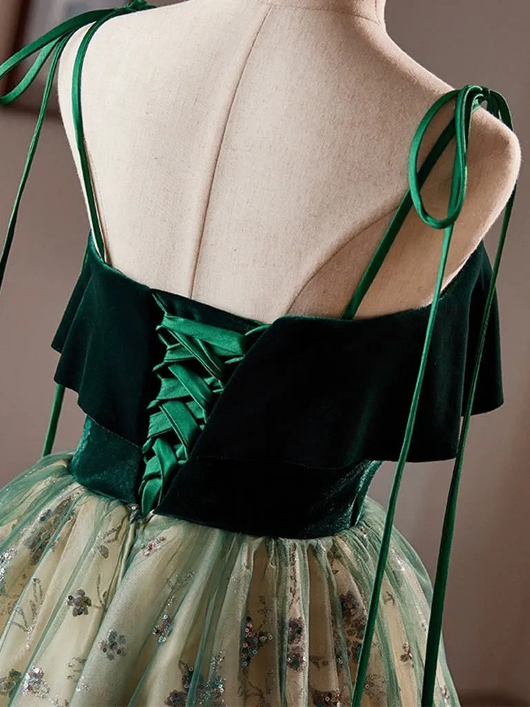 A-Line Tulle Sequin Velvet Green Short Prom Dress, Green Homecoming Dress