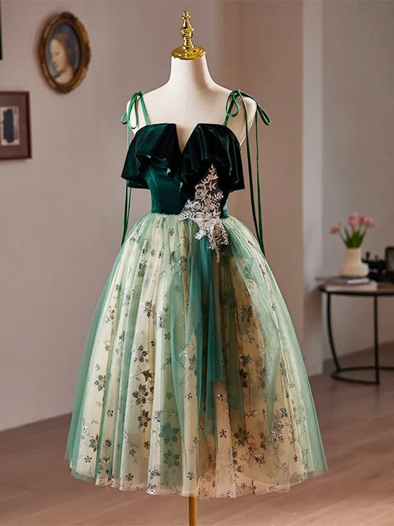 A-Line Tulle Sequin Velvet Green Short Prom Dress, Green Homecoming Dress