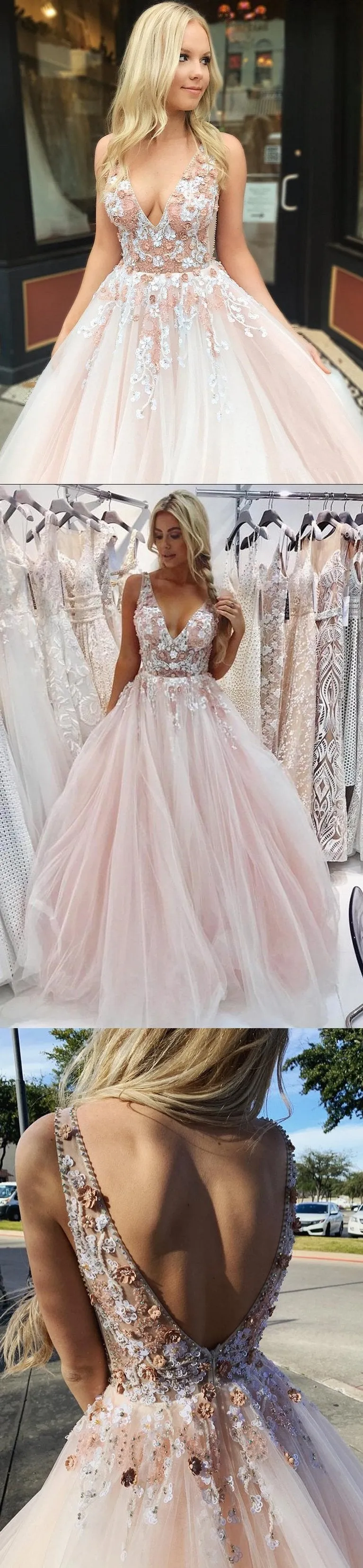 A Line Tulle V Neck Prom Dresses Beads Pink Lace Appliques Backless Evening Dresses,BS020