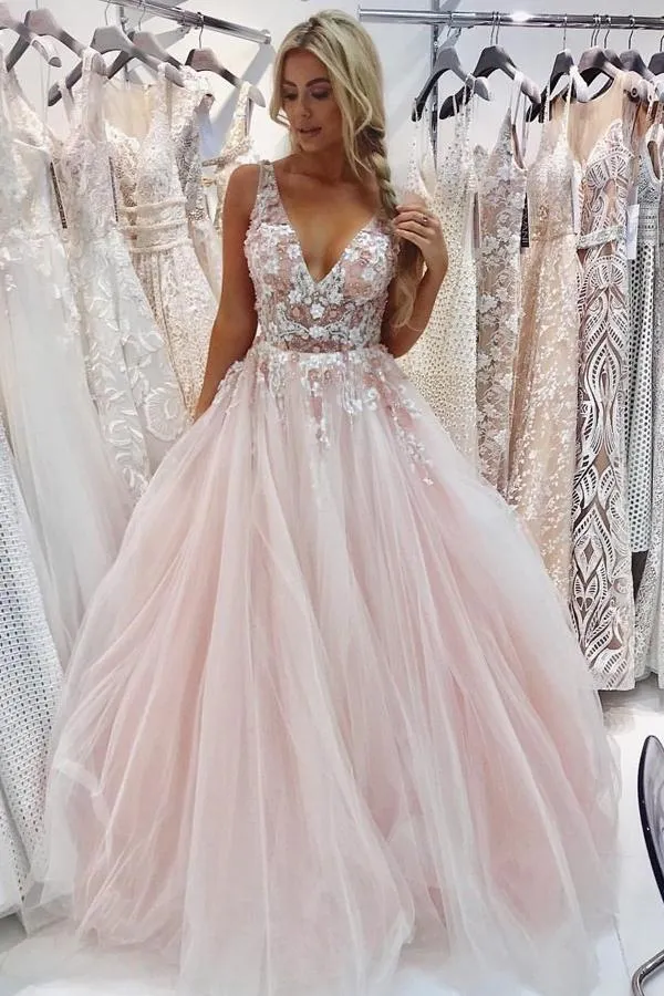 A Line Tulle V Neck Prom Dresses Beads Pink Lace Appliques Backless Evening Dresses,BS020