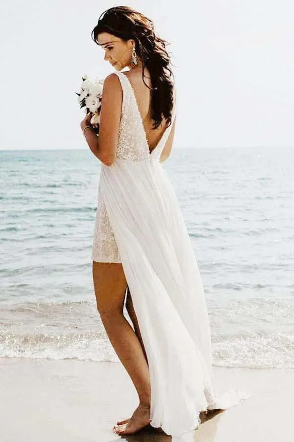 A-line V-Neck Beach Bridal Gown with Detachable Train, WD23022317