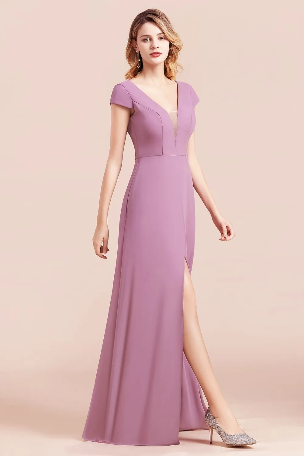 A-Line V-neck Chiffon Front Slit Long Bridesmaid Dress Wth Pockets