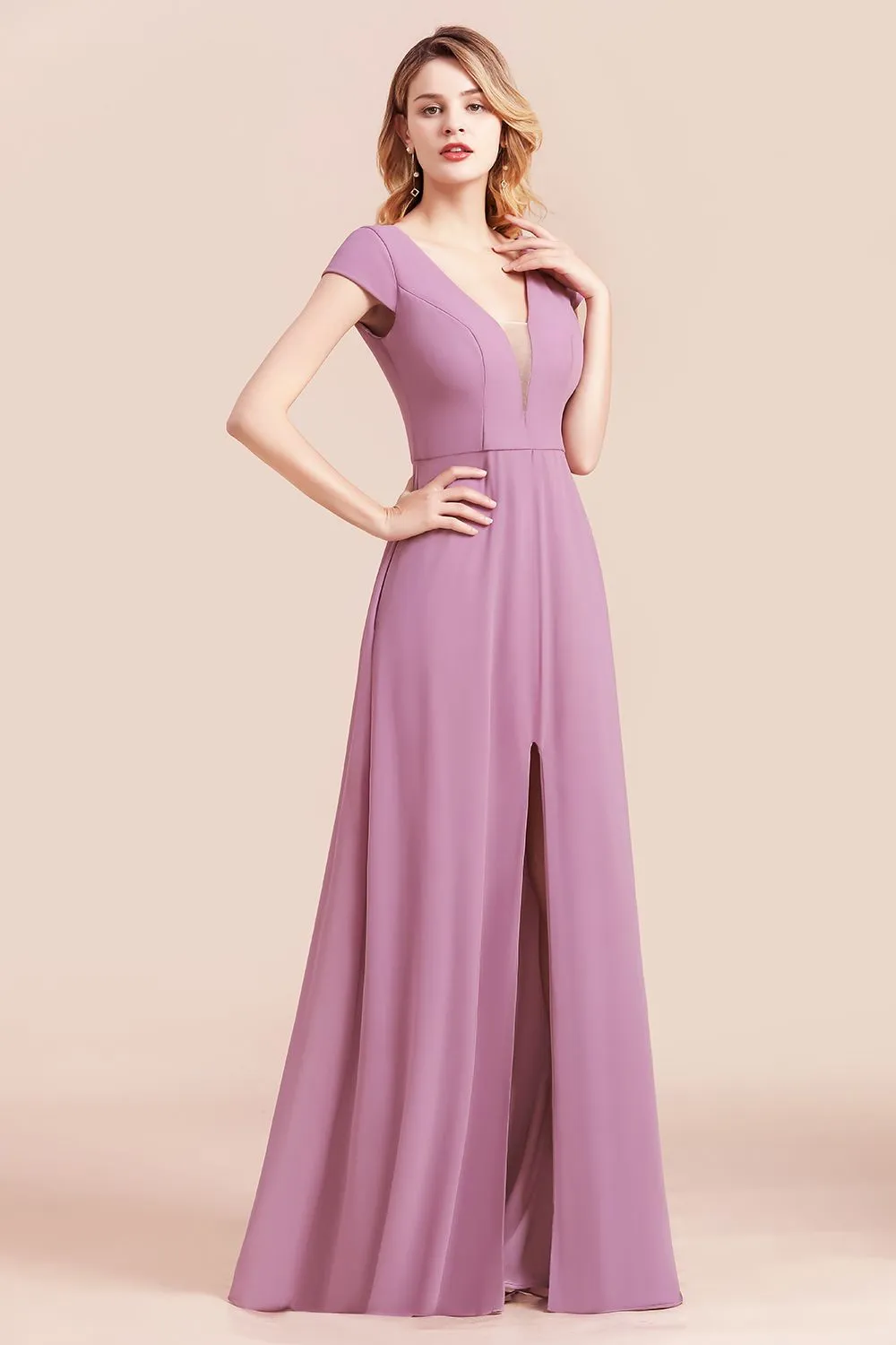 A-Line V-neck Chiffon Front Slit Long Bridesmaid Dress Wth Pockets