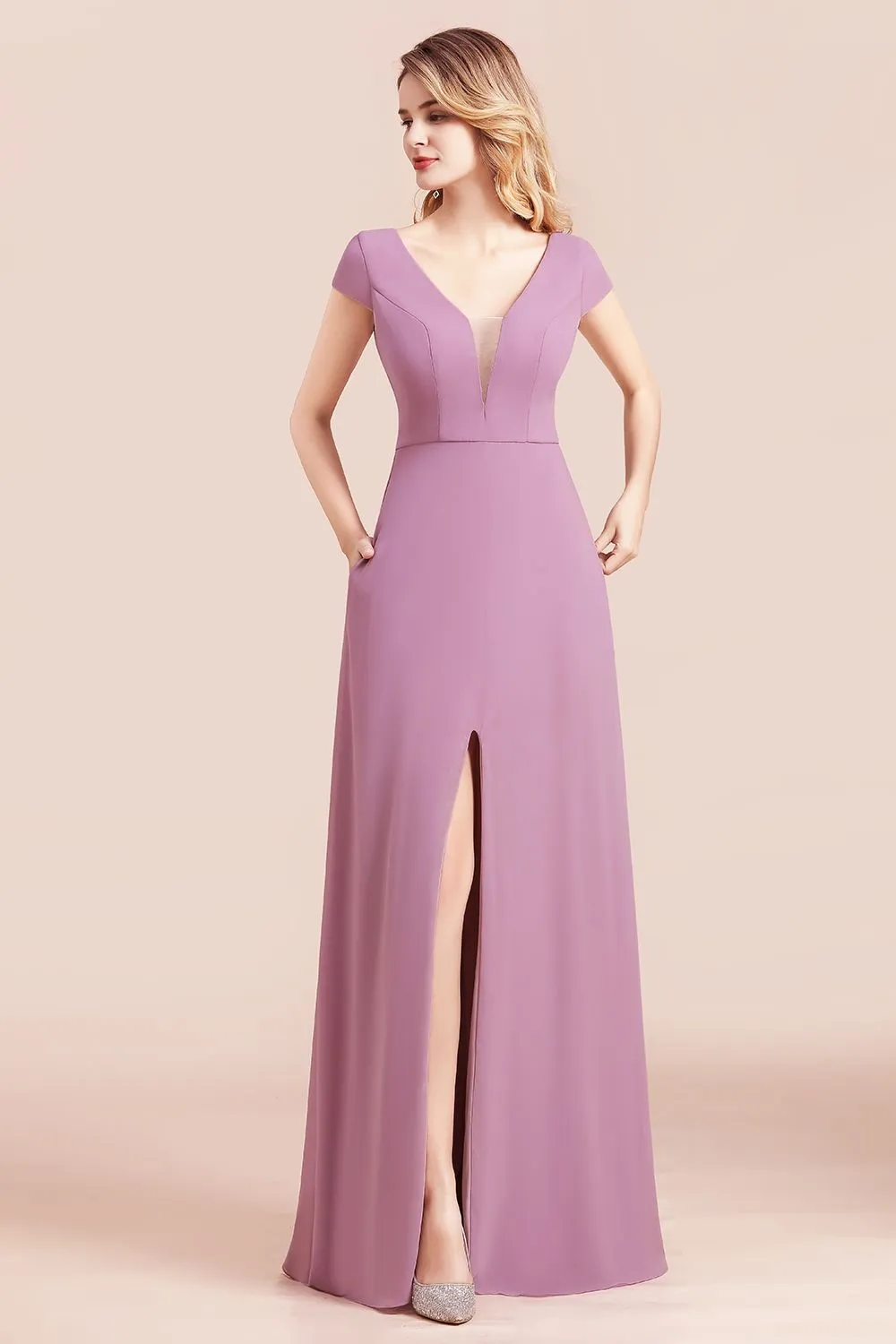 A-Line V-neck Chiffon Front Slit Long Bridesmaid Dress Wth Pockets