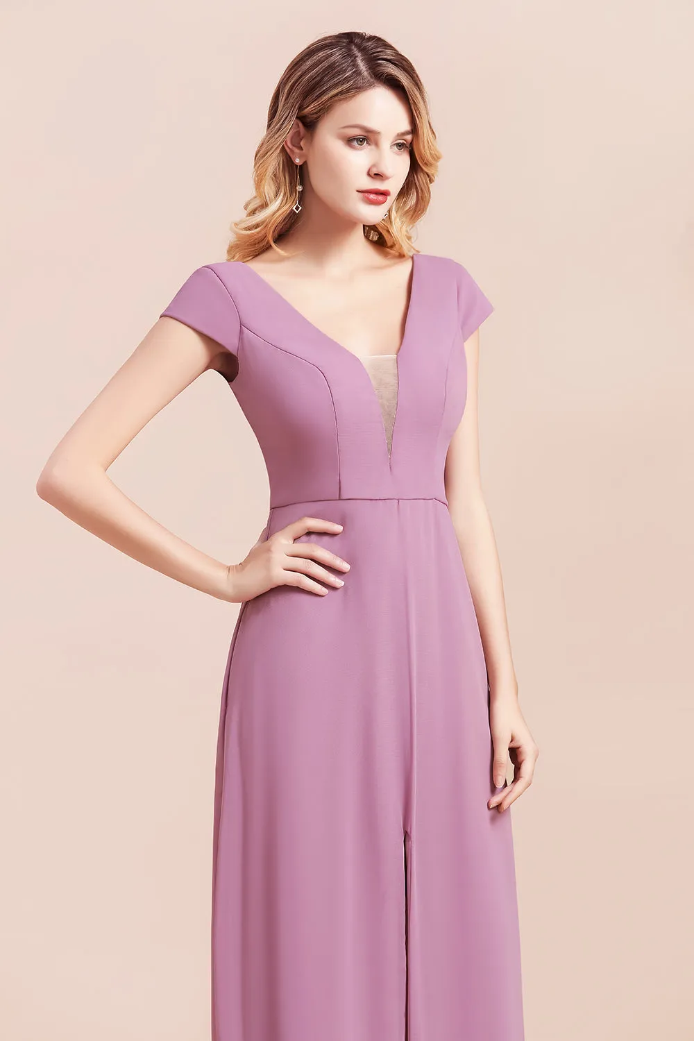 A-Line V-neck Chiffon Front Slit Long Bridesmaid Dress Wth Pockets