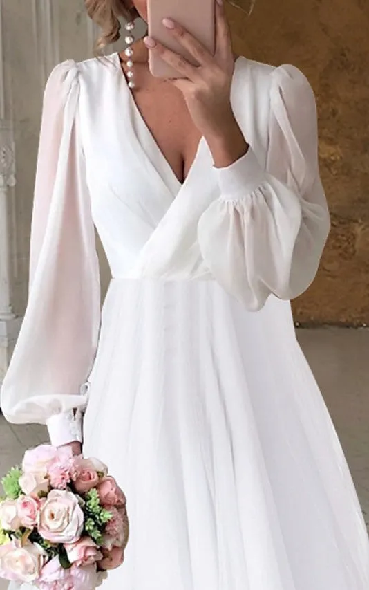 A-Line V-neck Chiffon Wedding Dress Simple Casual Sexy Adorable Beach summer With Zipper Back And Poet Long Sleeves