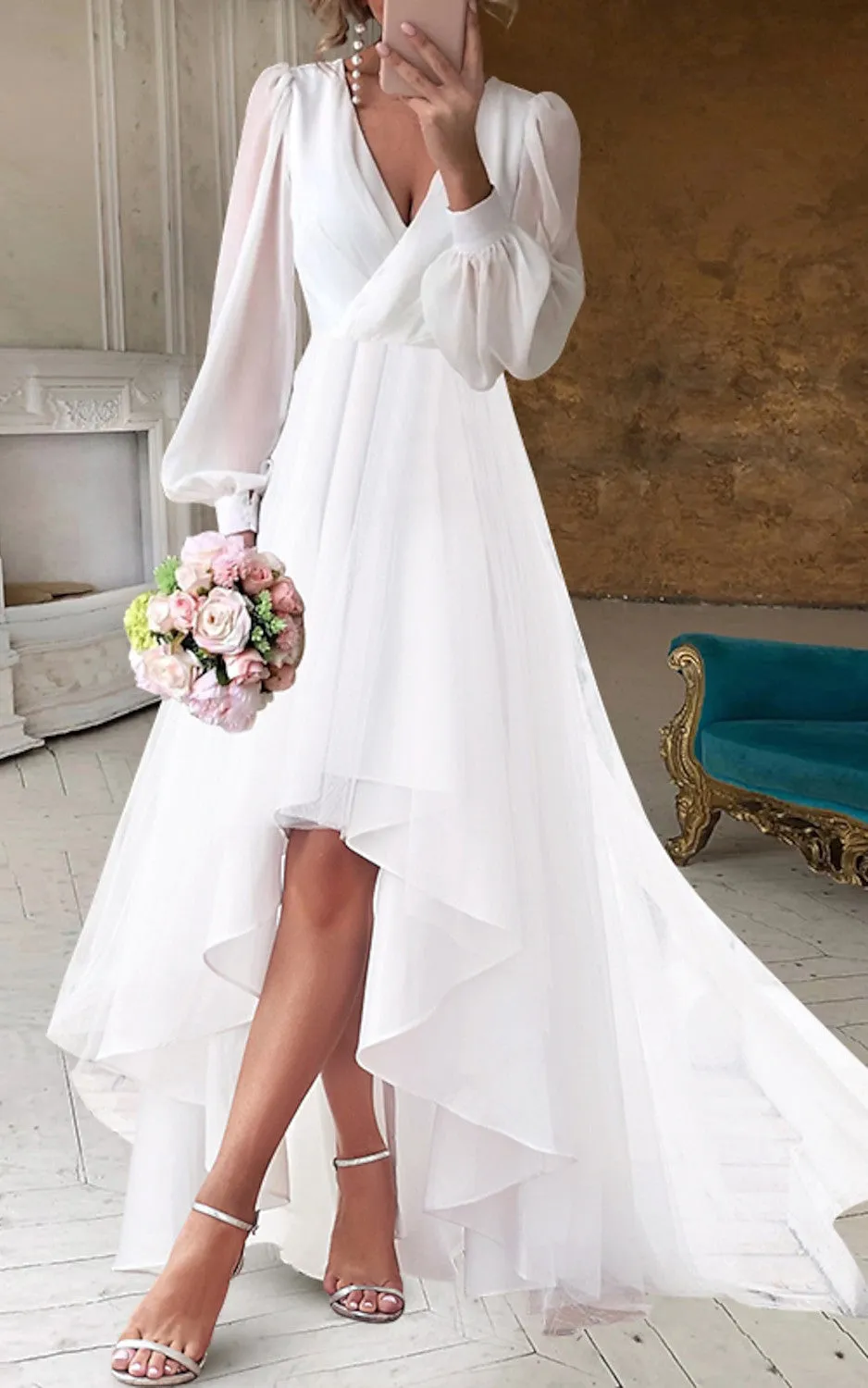 A-Line V-neck Chiffon Wedding Dress Simple Casual Sexy Adorable Beach summer With Zipper Back And Poet Long Sleeves