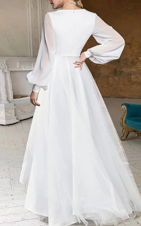 A-Line V-neck Chiffon Wedding Dress Simple Casual Sexy Adorable Beach summer With Zipper Back And Poet Long Sleeves