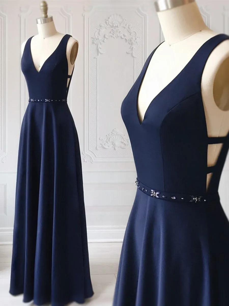 Elegant Dark Navy Blue Long Prom Dress with V-Neck and Beaded Belt - Stunning Formal Evening Gown