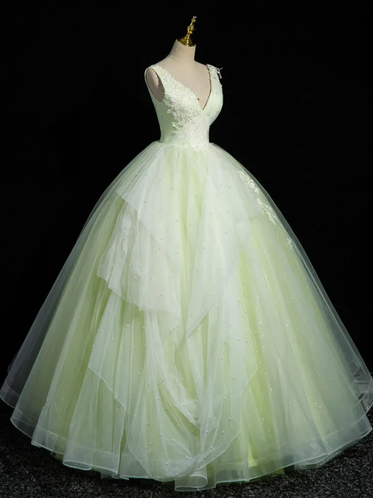 A-Line V Neck Lace Tulle Green Long Prom Dress, Green Sweet 16 Dress