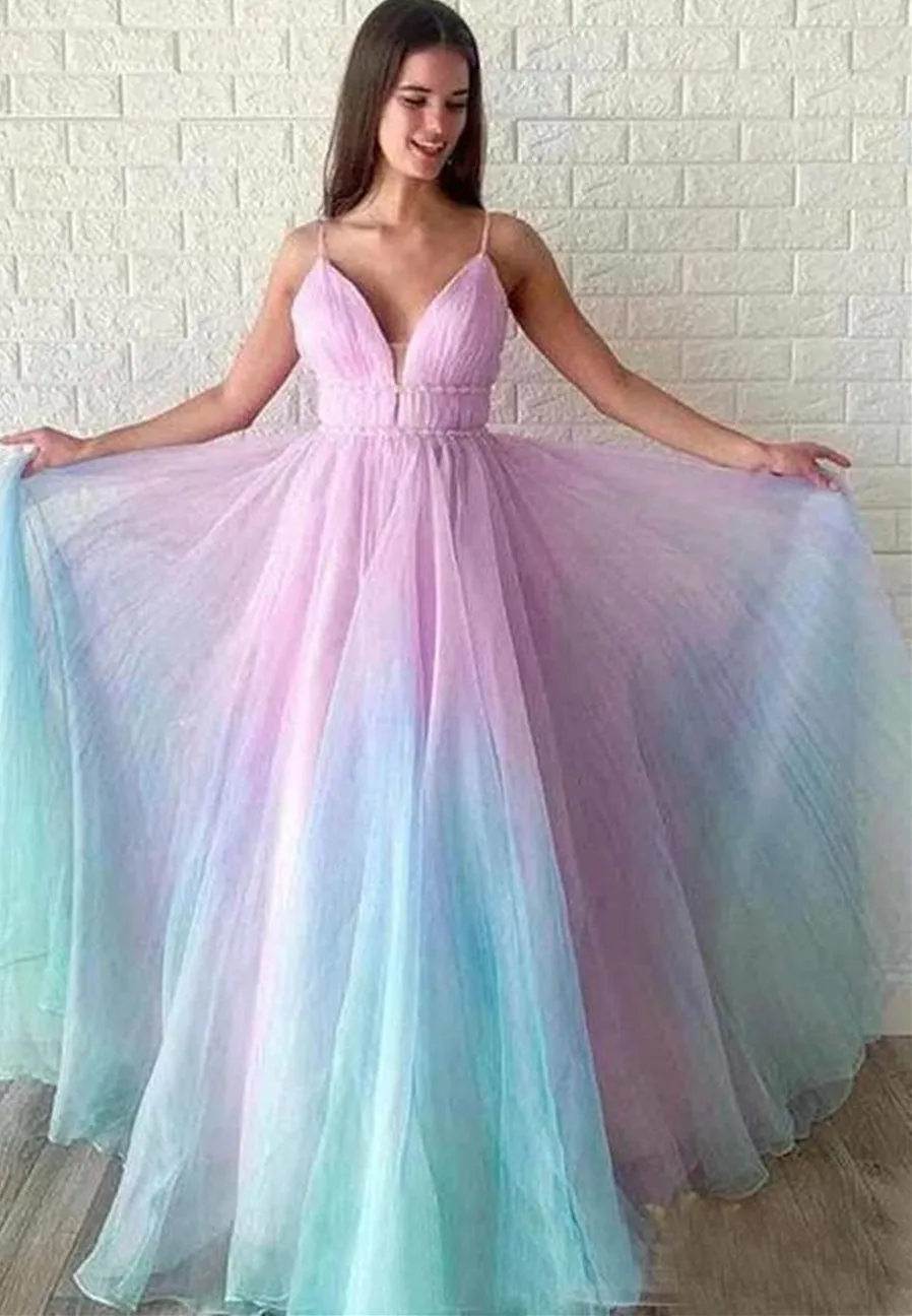 A Line V Neck Ombre Long Prom Dresses, Multi Color Ombre Long Formal Evening Dresses